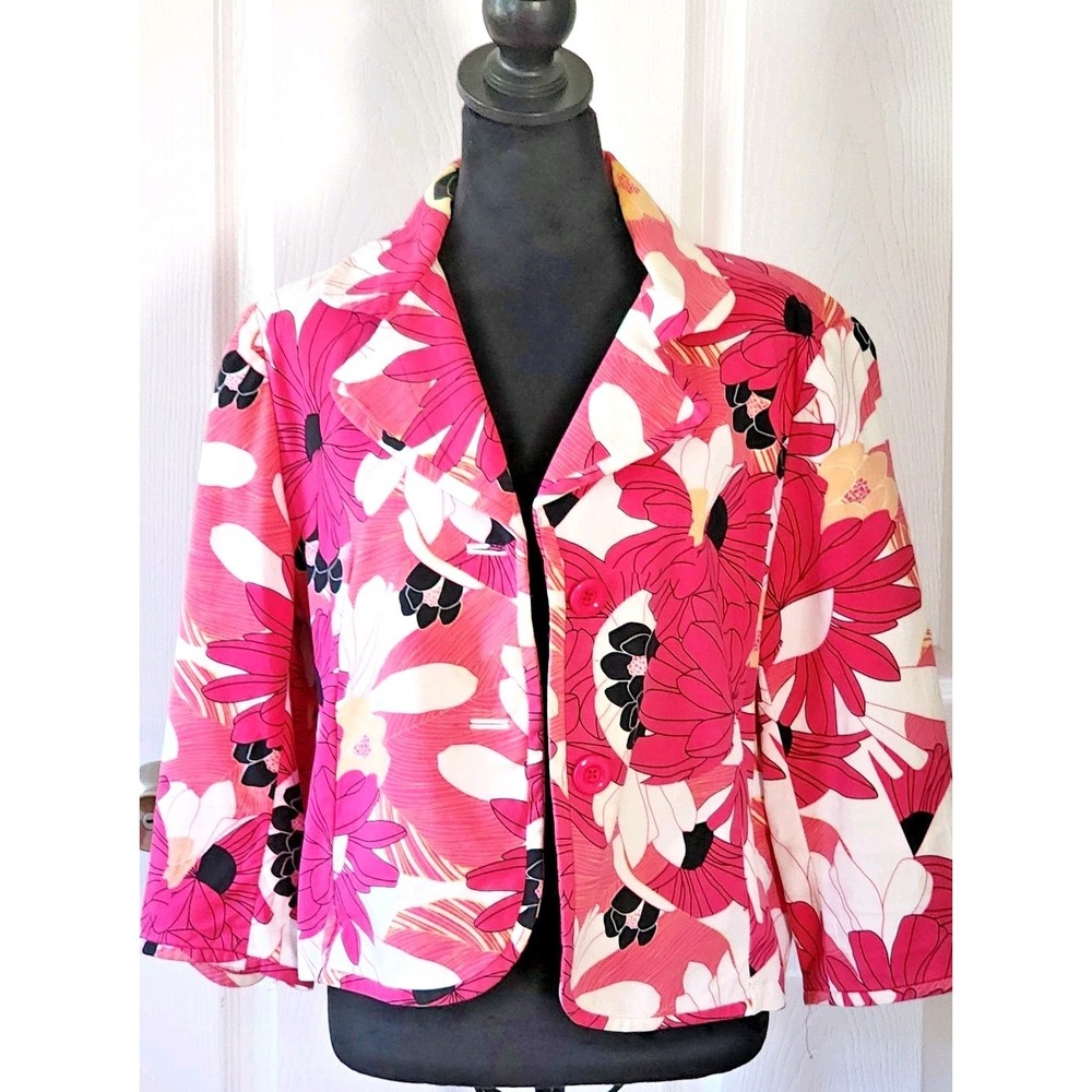 Rafaella Jacket Fuchsia, White, Black Floral Button Notch Collar in Size XL